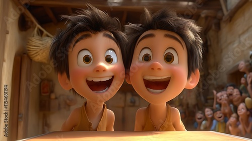 Two smiling boys, cartoon style.