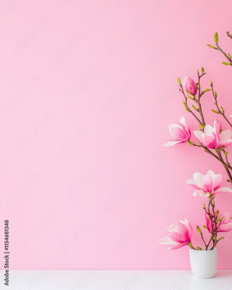 Fototapeta premium Minimalist Pink Magnolia Flowers on Branch - Spring Nature Concept for Backgrounds and Wallpapers