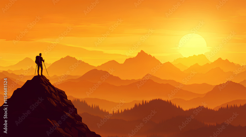 Peak Serenity: Adventurer Standing Amidst Golden Sunrise Over Mountains Peak Serenity: Adventurer Standing Amidst Golden Sunrise Over Mountains