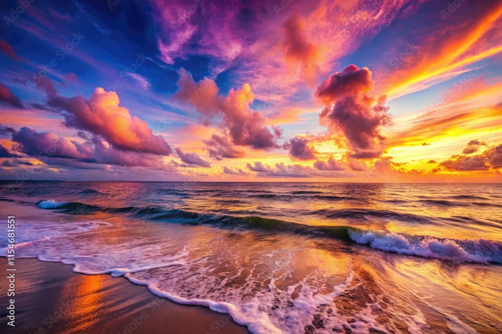 Serene sunset hues illuminate calm ocean waves on a tranquil beach.