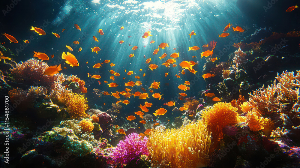 Fototapeta premium A vibrant coral reef teeming with colorful fish and marine life, viewed from above,