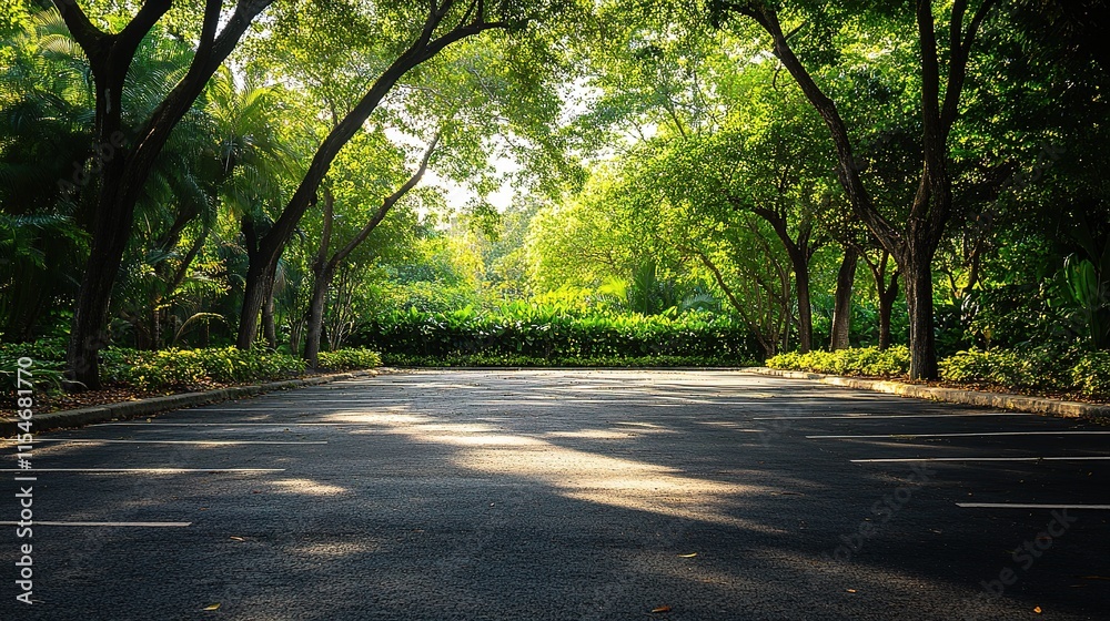 Naklejka premium Peaceful Parking Lot Under Lush Green Trees in Soft Natural Light