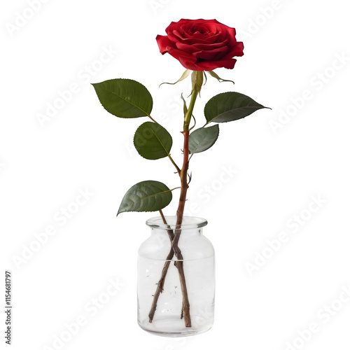 A lone red rose displayed in a glass container on a white backdrop, offering generous copy space. photo