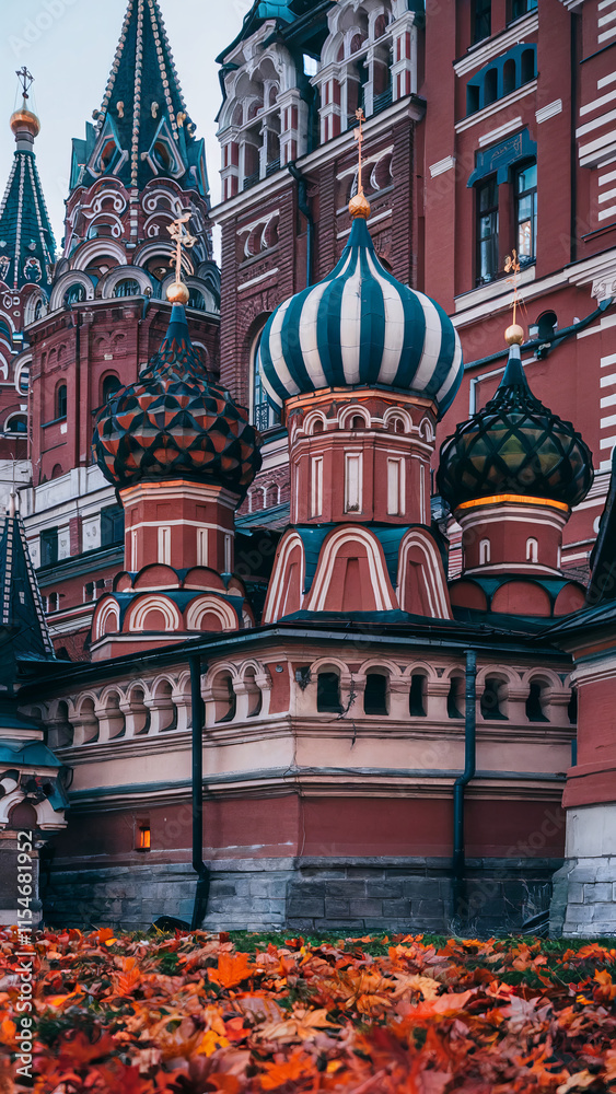 Obraz premium Iconic Saint Basil's Cathedral Domes with Autumn Foliage in Moscow