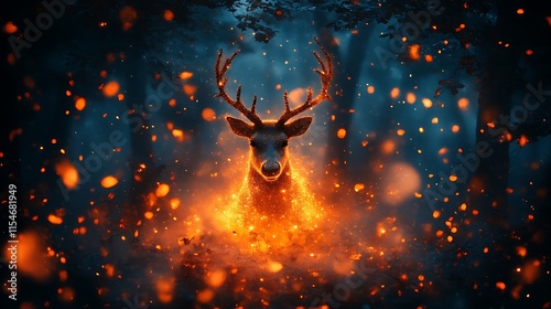 Magical deer in fiery forest.