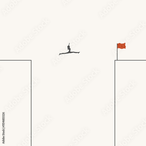 Woman jumping over a gap. Psychology and business concept. Courage to escape for freedom, get out of comfort zone concept. Open mind or fly away for better life, hope and liberty