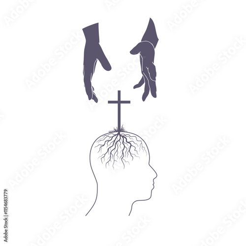 Christian cross rooted in male head. Giving hands. Christianity concept illustration.