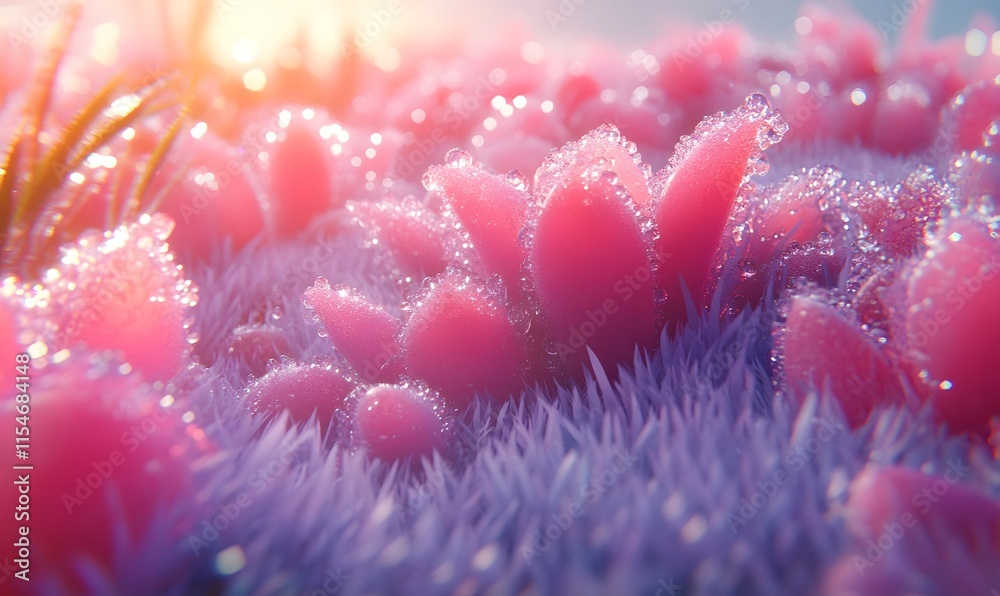 Dew-kissed pink flowers on purple grass in sunlight. Dew-kissed pink flowers on purple grass in sunlight.