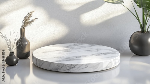 Elegant Marble Display Platform with Natural Shadows and Minimalist Decor in Sunlit Room