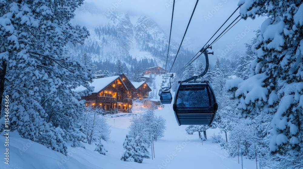 Snowy Mountain Village at Dusk: Cable Car Ride Snowy Mountain Village at Dusk: Cable Car Ride