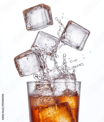 Glass of cola with ice and water drops on a white background