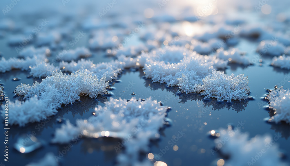 Close-up of intricate frost crystals shimmering on a surface, capturing winter's beauty Close-up of intricate frost crystals shimmering on a surface, capturing winter's beauty