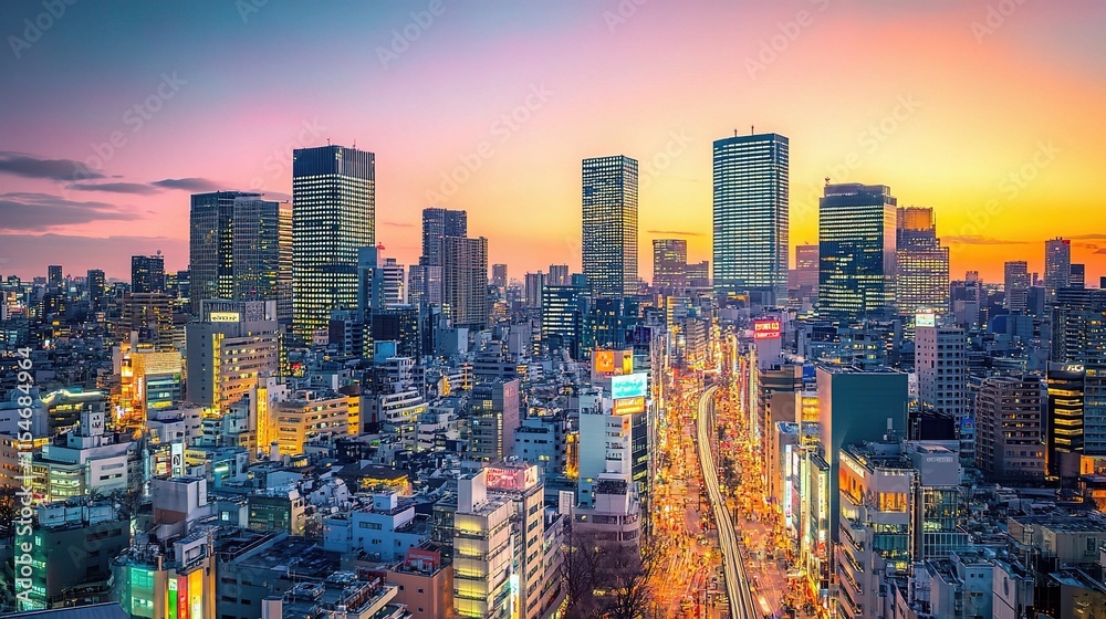 Obraz premium Dynamic Cityscape with Towering Skyscrapers and Bustling Activity