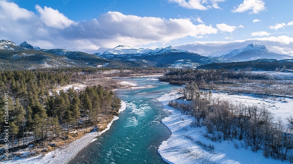 Obraz premium Scenic High Angle Drone View of Turquoise Mountain River Landscape