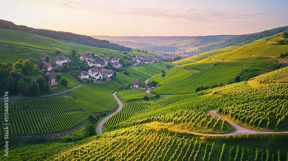 Fototapeta premium Aerial View of Lush Green Vineyards Stretching Across Rolling Hills
