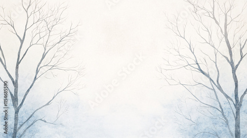A delicate watercolor composition of a January snowstorm, with swirling flakes painted in soft whites and grays. Bare trees reach skyward, their branches rendered in fine detail. The background fades