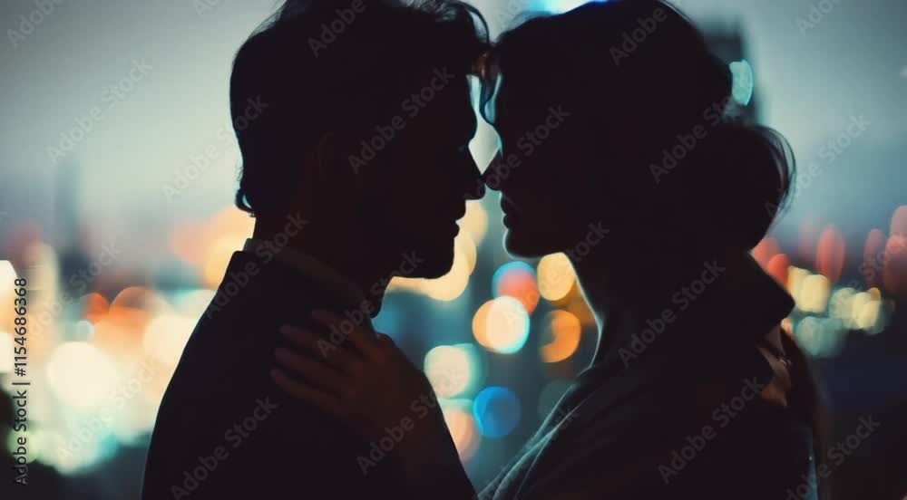 A couple sharing a romantic kiss with a bokeh of twinkling city lights in the background