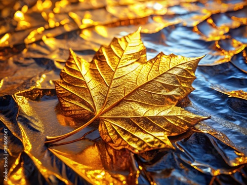 Abstract luxury:  Drone captures gold leaf's shimmering texture against a glassy surface.