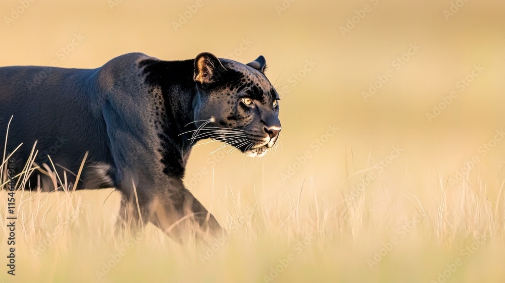 Naklejka premium Black panther walking through tall grass in a natural habitat.