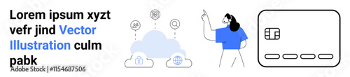 Business professional pointing at cloud technology icons and digital card payment interface. Ideal for tech presentations, IT solutions, digital transactions, cloud services, fintech, software