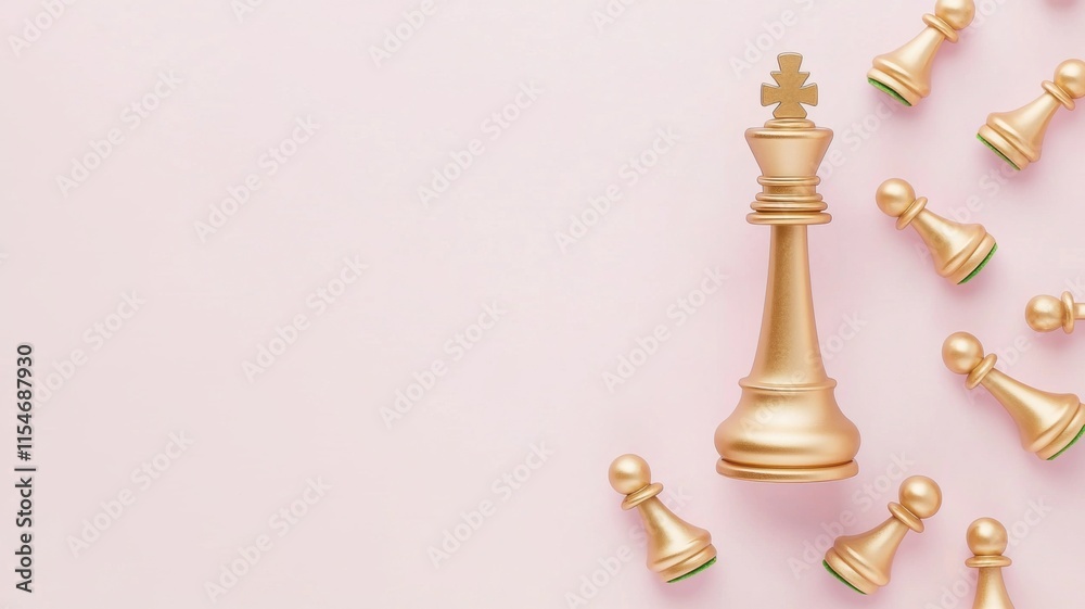 A golden king chess piece stands tall among smaller pawns on a soft pink background, symbolizing strategy and dominance in the game. A golden king chess piece stands tall among smaller pawns on a soft pink background, symbolizing strategy and dominance in the game.