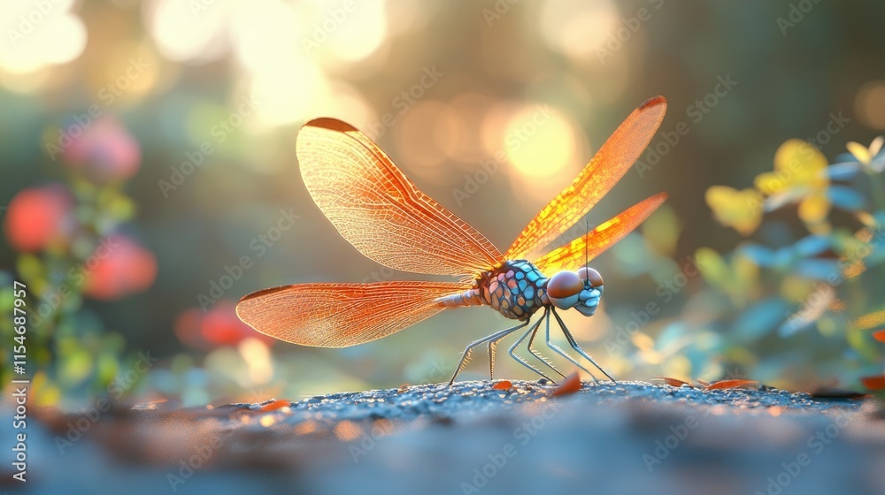 Dragonfly in Golden Hour: A Stunning Close-Up of a Dragonfly Resting on a Rock, Bathed in the Warm Light of Sunrise or Sunset. Dragonfly in Golden Hour: A Stunning Close-Up of a Dragonfly Resting on a Rock, Bathed in the Warm Light of Sunrise or Sunset.