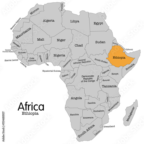 High-quality vector map of Africa with Ethiopia highlighted. Perfect for educational resources, travel guides, geographical publications, and presentations. Editable vector file for easy customization
