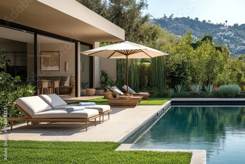 Beautiful Hollywood Hills home with pool, cabana chairs, garden view, green grass, beige walls, and white accents, captured in daylight.