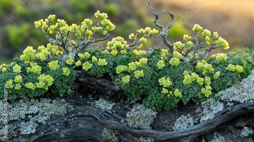 Lichen and Blooming Saxifrage on Ancient Wood photo