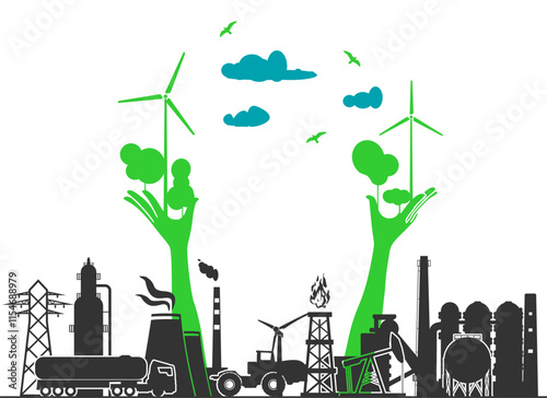 Hands holding green trees and wind turbine. Heavy industry relative silhouettes. Industrial design background. Ecology and social responsibility concept