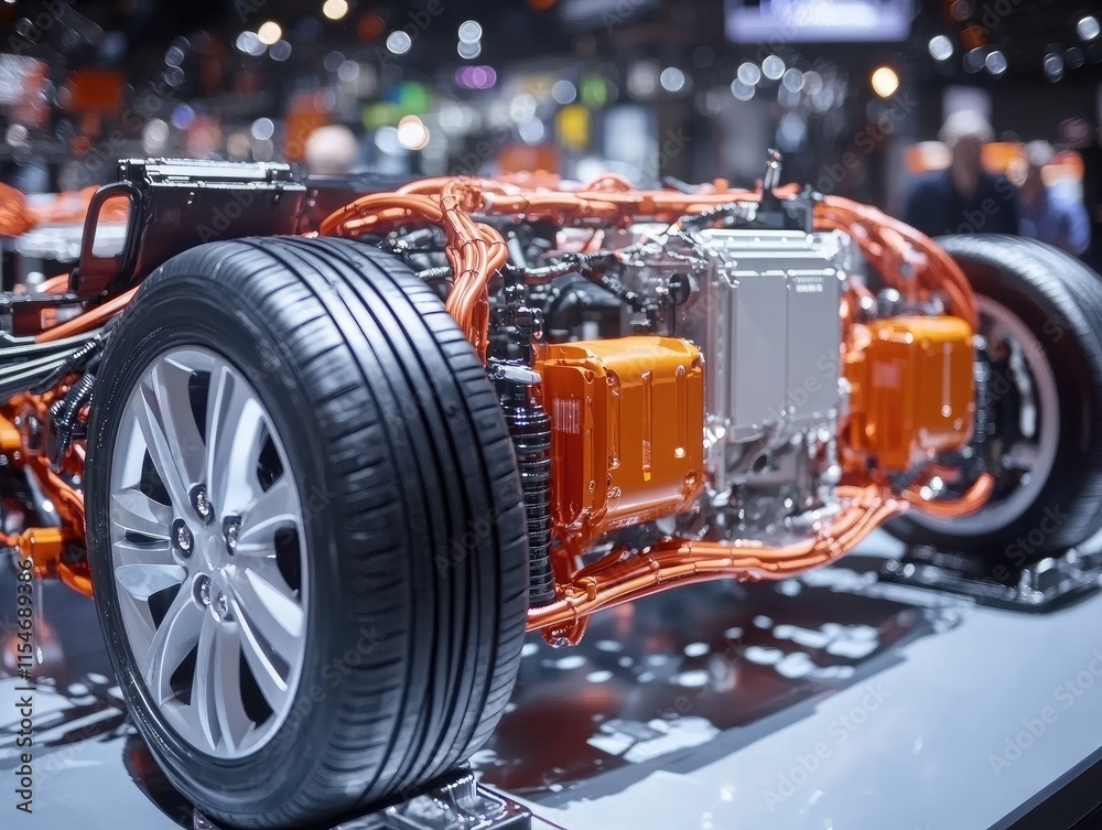 Fototapeta premium Close-up of an electric vehicle's chassis showcasing its components and wiring.