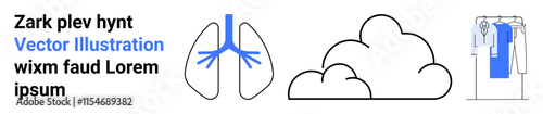 Human lungs with blue airways, a cloud, and clothes hanging on a rack beside text in blue and black. Ideal for health, weather, fashion, text design, print media, presentations online banners