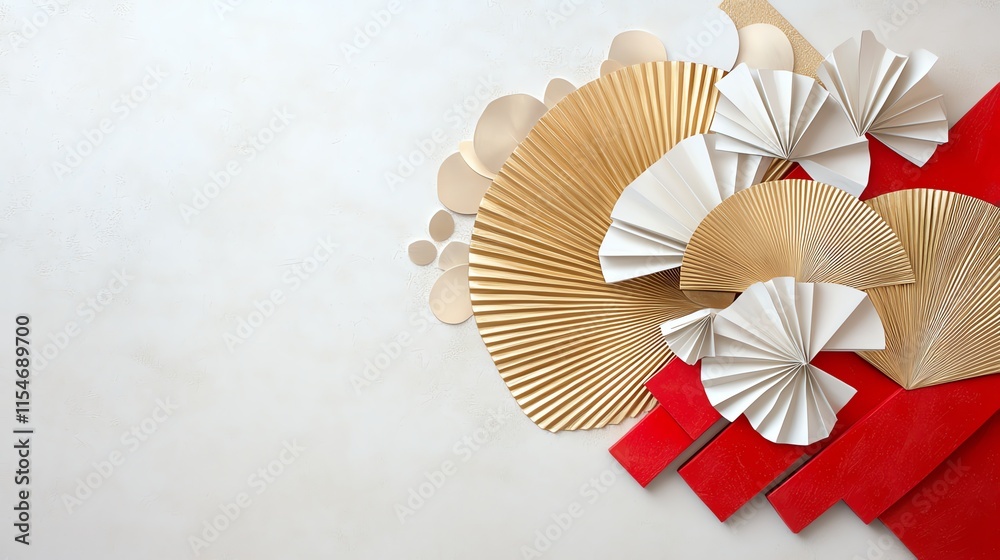 Obraz premium A textured gold and red design showcasing sharp geometric accents and layered fan shapes