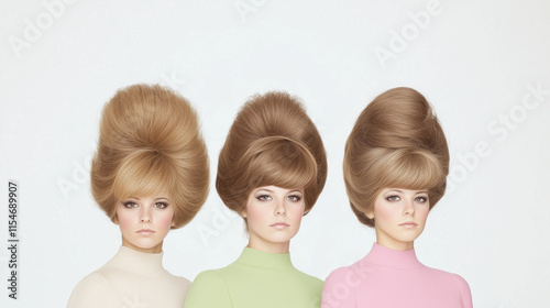 Retro Beehive Hairstyles: Three models with iconic 60s beehive hairstyles, each wearing a pastel turtleneck.  A stylish and timeless image, perfect for fashion, beauty, and retro themes. 