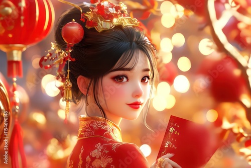 A 3D rendered image of a festive Chinese New Year background with traditional red and gold elements, featuring a sale banner and New Year greeting.