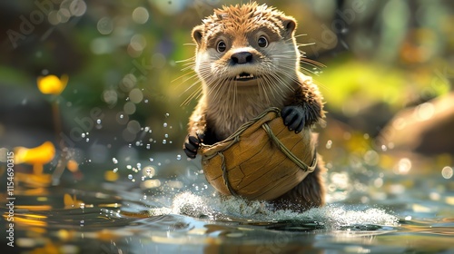 Cute otter carrying basket in water.
