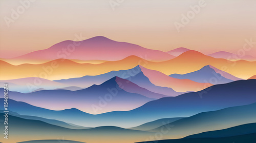 Overlapping mountain ranges with gradients transitioning from cool blues to warm oranges and yellows mimicking a twilight horizon.