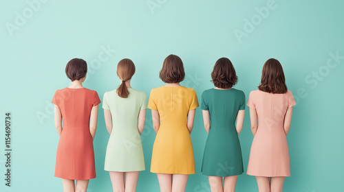 Five Women in Colorful Dresses:  A row of five women, their backs turned, stand in a row in a series of vibrant colors, each wearing a different shade of a dress. They are all facing forward. photo