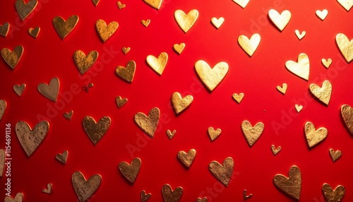 Golden hearts in metallic style in gold, red colors for Valentine's Day