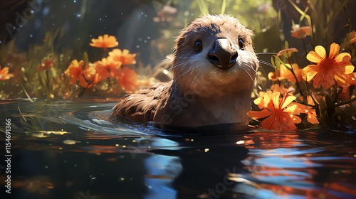 Cute otter swimming in a pond surrounded by orange flowers.