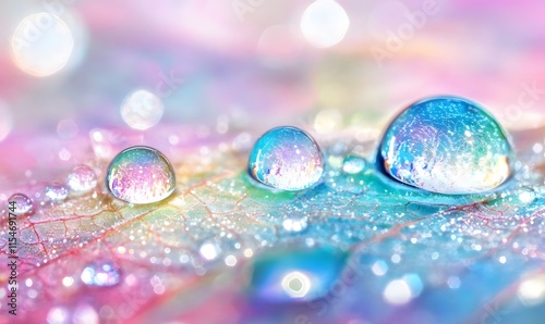 Colorful water drops on a leaf.