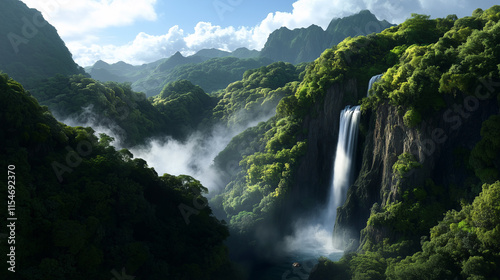 Majestic waterfall cascading down rocks surrounded by lush greenery