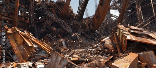 A massive heap of rusted scrap iron with broken machinery parts, scattered metallic debris, and twisted girders in an industrial scrapyard 