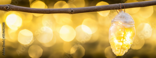 Translucent Chrysalis Hanging from a Twig Against a Bokeh Background