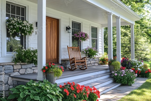 Nantucket-style front porch with ornamental chair, potted plants, and flowers. White vinyl pine slat cladding, grey stone panels, wooden door, and curved roof. Bright daylight architectural shot. photo