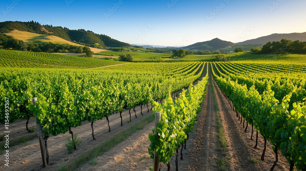 Obraz premium Scenic vineyard at sunset, golden light illuminating the rows