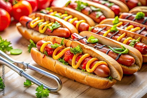 Panoramic view: juicy grilled hot dogs star in this summer BBQ feast, beautifully photographed on a white backdrop. photo