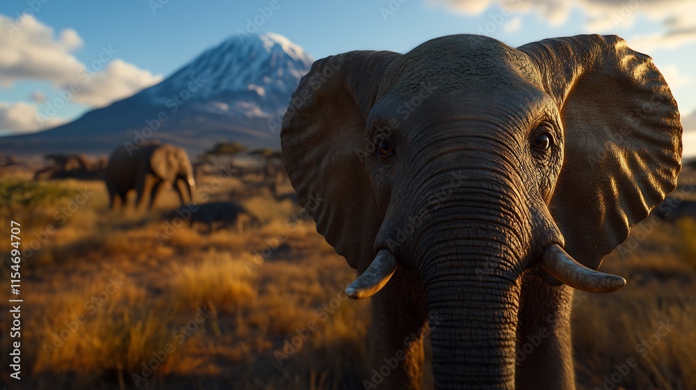 Fototapeta premium Majestic African Elephant at Sunset with Mountain Background