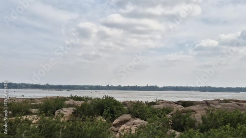 Wallpaper Mural Beautiful landscape view of rock, river, blue sky and fluffy cloud. Peace and calm background scene concept. Torontodigital.ca