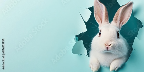 A cheerful and playful white rabbit playfully peeks through a torn teal backdrop, vividly embodying the true spirit of the Easter holiday, radiating a sense of wonder, joy, and delight photo